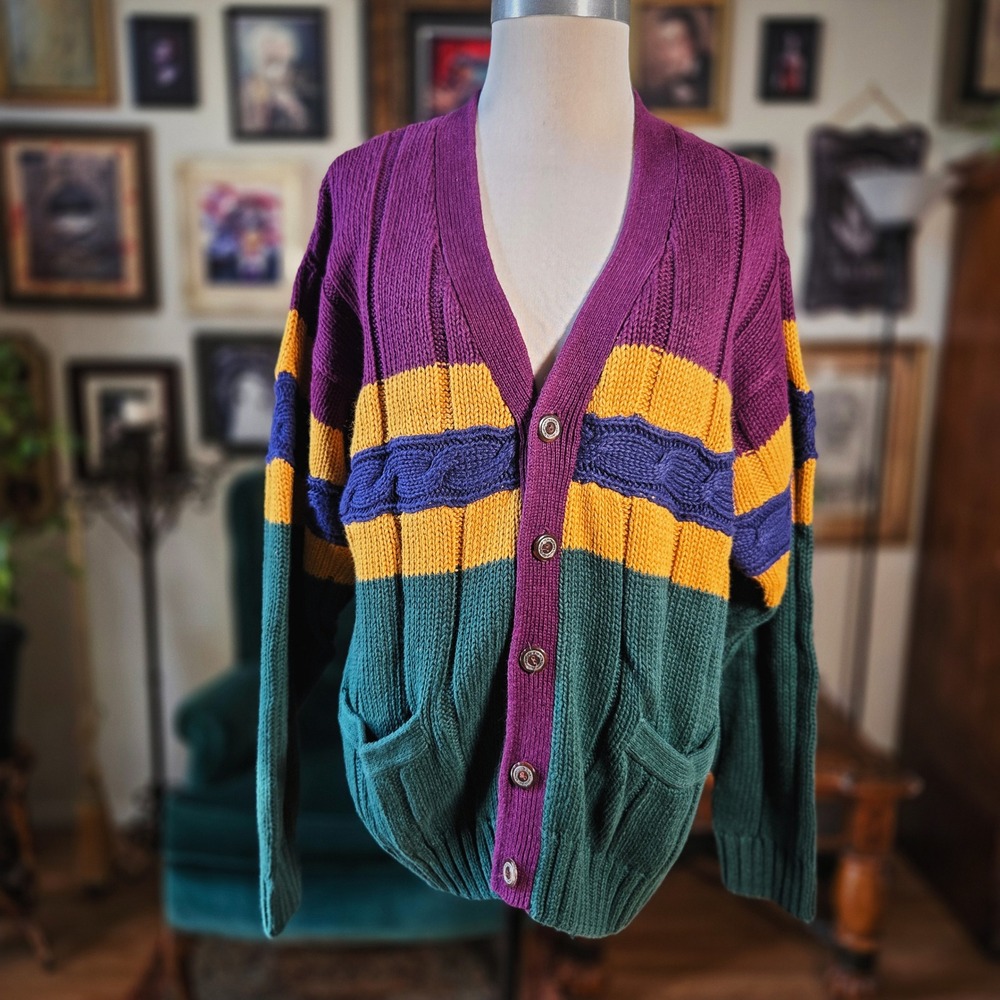Body Equip Cardigan Vintage 90s Colorblock Knit Purple Green Gold Sweater Mens S - Picture 2 of 7